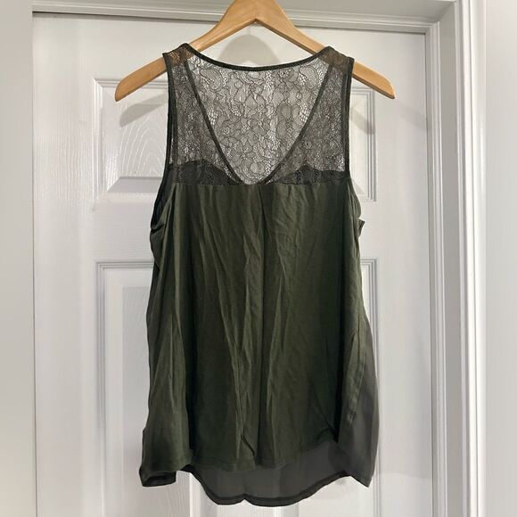 Express army green tank top with lace neckline size large - Picture 2 of 4